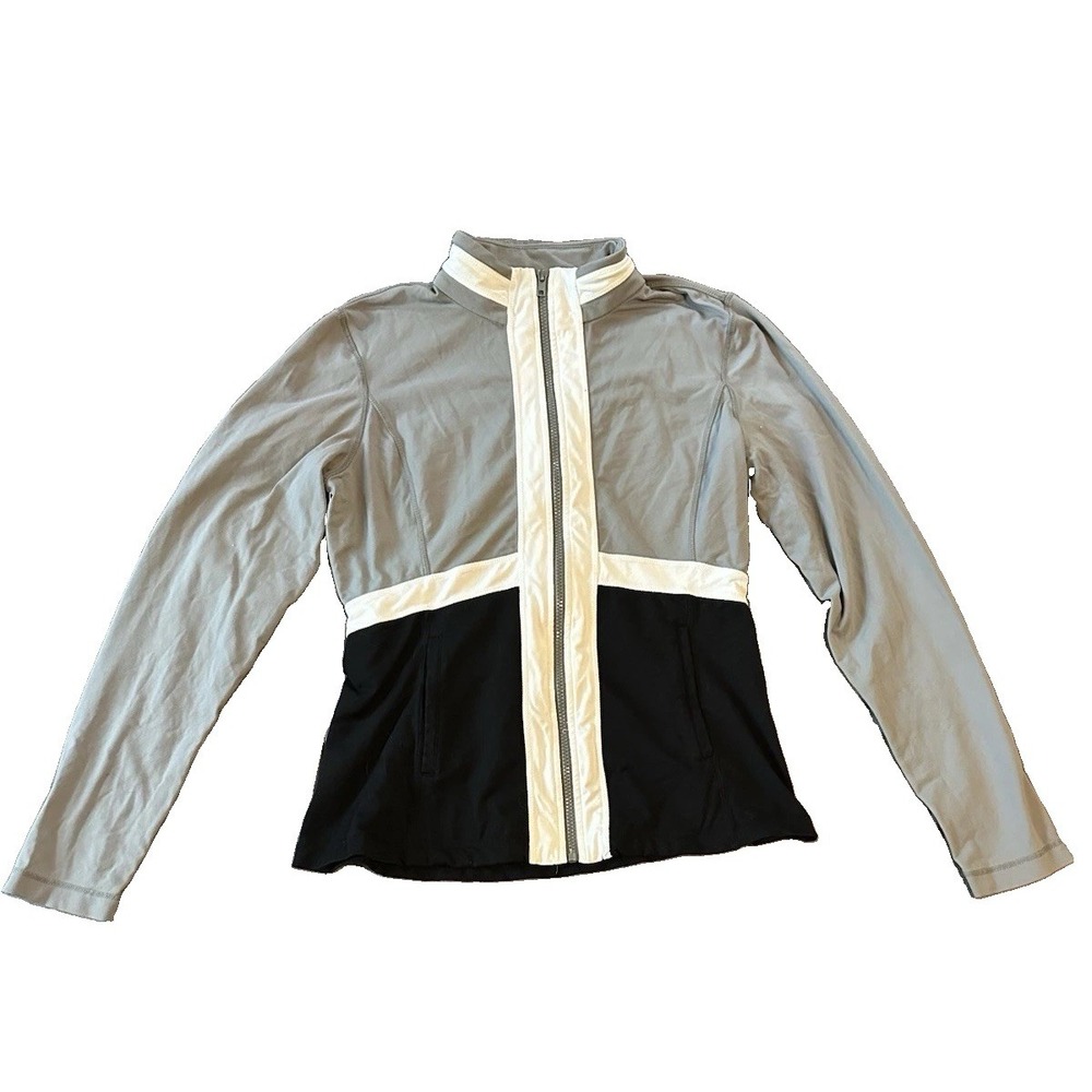 Boston Proper Womens M Black White Colorblock Full Zip Active Jacket Black Gray